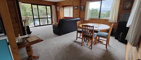 TV, fireplace, books, stereo