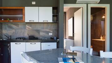 Een koelkast, een oven, een kookplaat, een vaatwasser