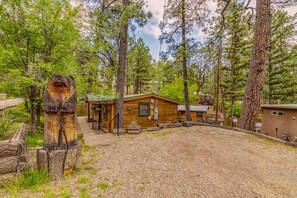 Surrounded by dense forest, this cabin features a simple design with a sloped roof and a small porch.