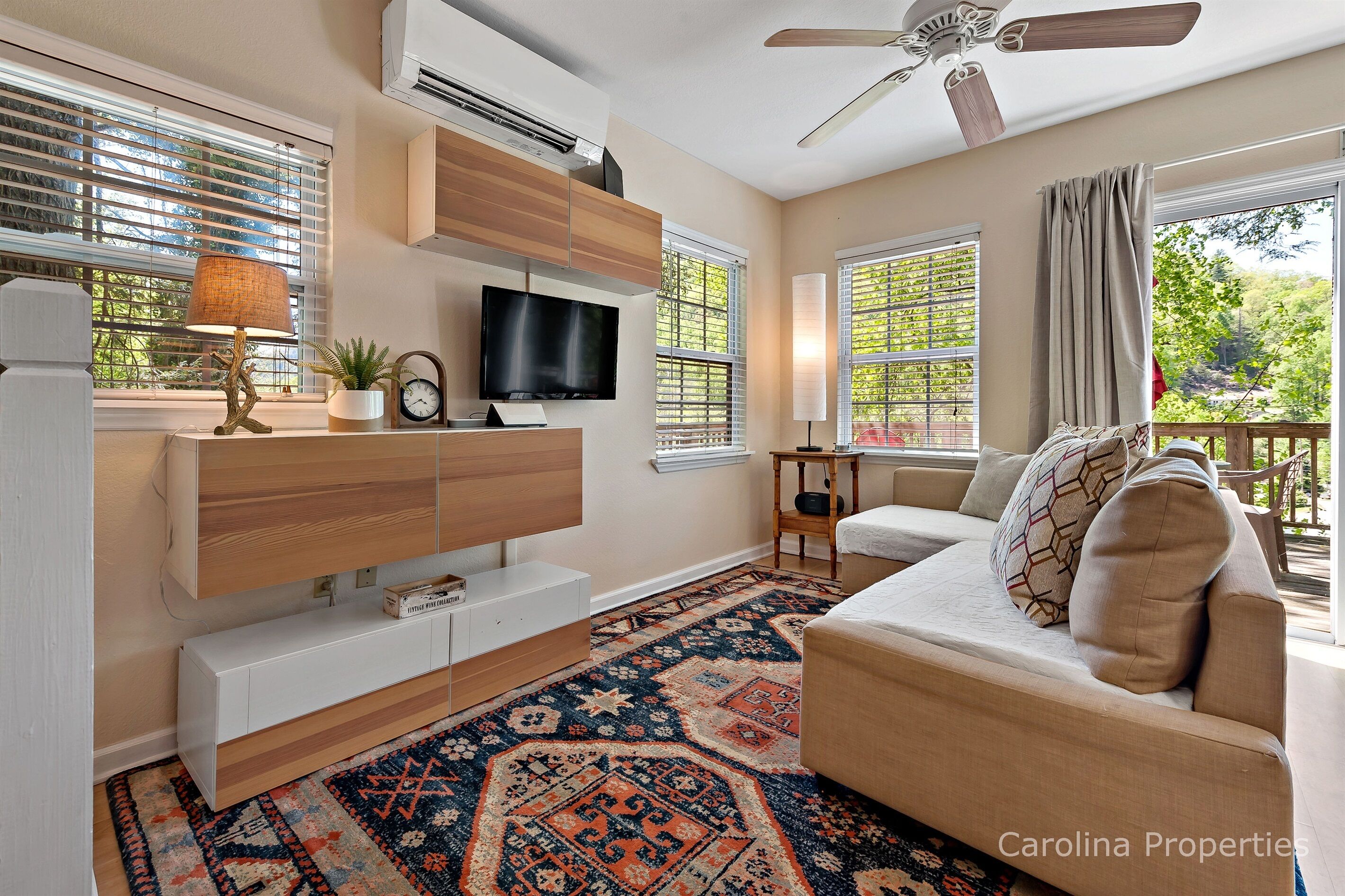 A modern living room with a sofa, TV, and a decorative rug.