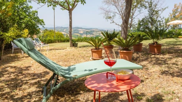 Una poltrona verde e un tavolino con una bevanda rossa e una ciotola di cibo, circondati da piante in vaso e alberi, con vista sulla campagna.