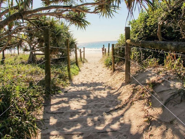 Un sendero arenoso que conduce a una playa, rodeado de vegetación y una valla de madera.