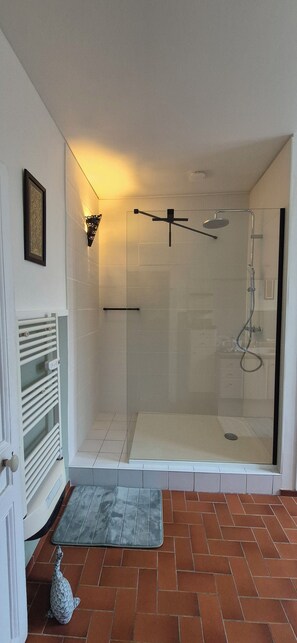Douche, sèche-cheveux, serviettes fournies, savon
