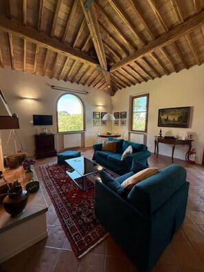 Amplia sala de estar con techo alto de madera, un ventanal grande, un conjunto de sofás azules, una mesa de centro y una chimenea.
