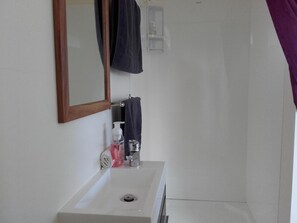 Ducha y bañera combinadas, jabón y papel higiénico