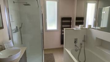 Hair dryer, towels, soap, toilet paper
