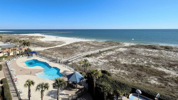 Relax by the freeform pool surrounded by palm trees and a sandy beach.