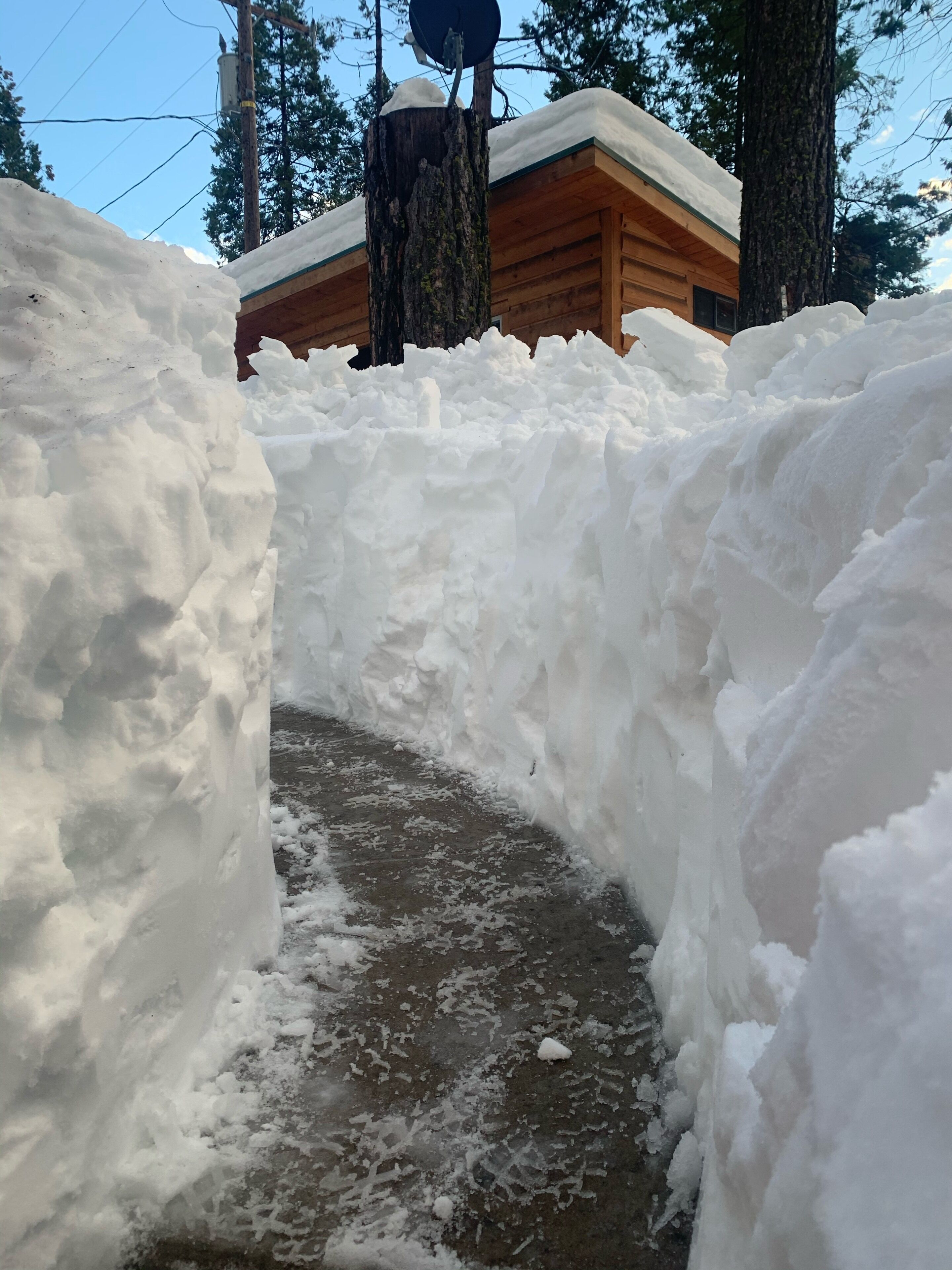 Un sendero cubierto de nieve que lleva a una cabaña de madera con techo nevado.