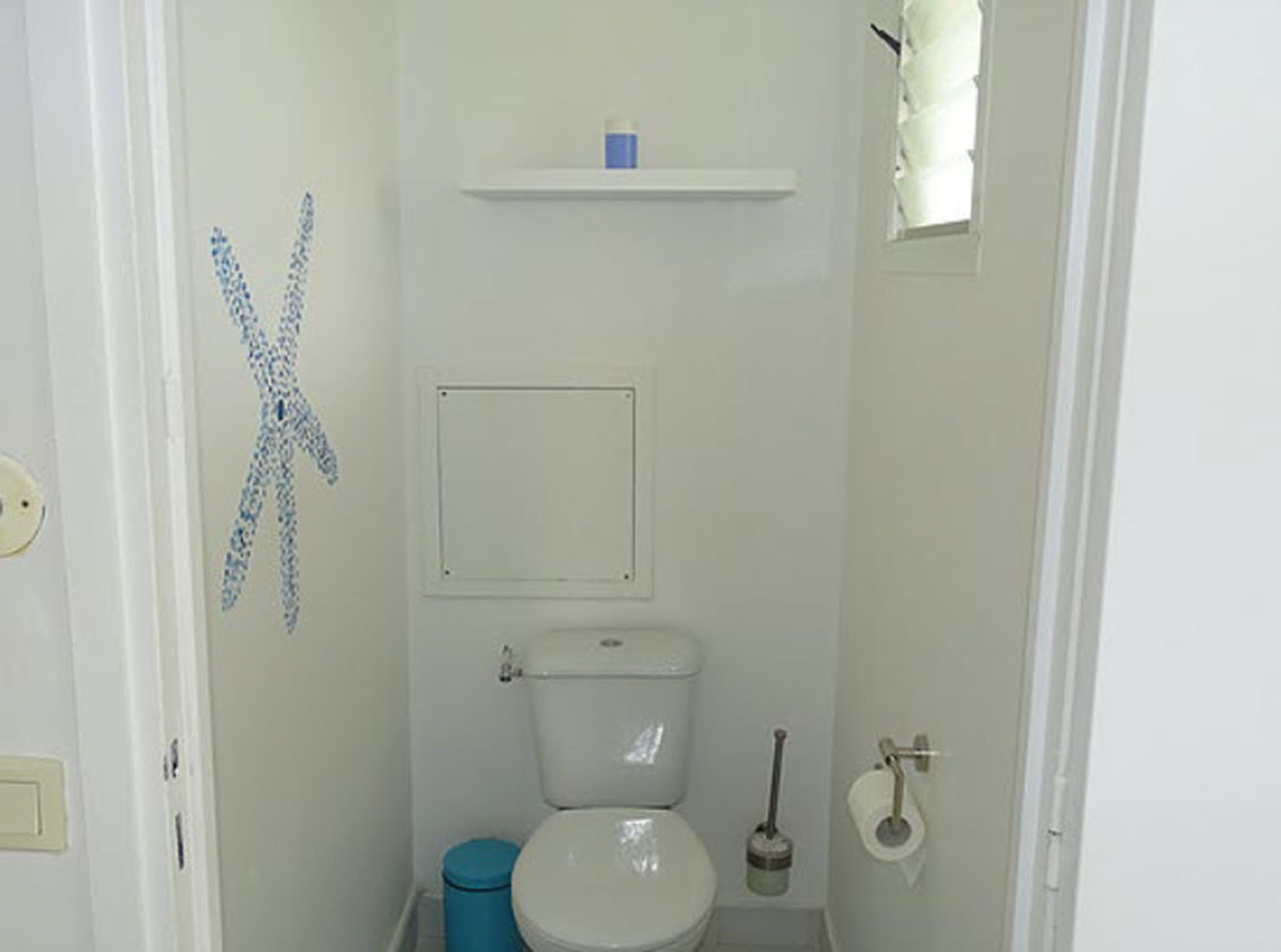 A small, white bathroom with a toilet, a blue trash bin, a toilet paper holder, and a blue soap dispenser on a shelf.