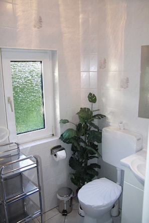 Une petite salle de bain avec des toilettes, un lavabo et une fenêtre.