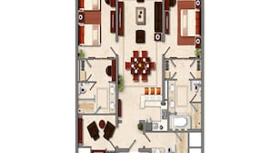 A floor plan of a hotel room with a living area, dining space, kitchen, and bathroom. - LUXURIOUS PRESIDENTIAL suite 2 bedroom 3 baths (Cabo San Lucas)