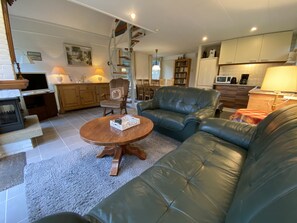 Télévision, cheminée, chaîne hi-fi