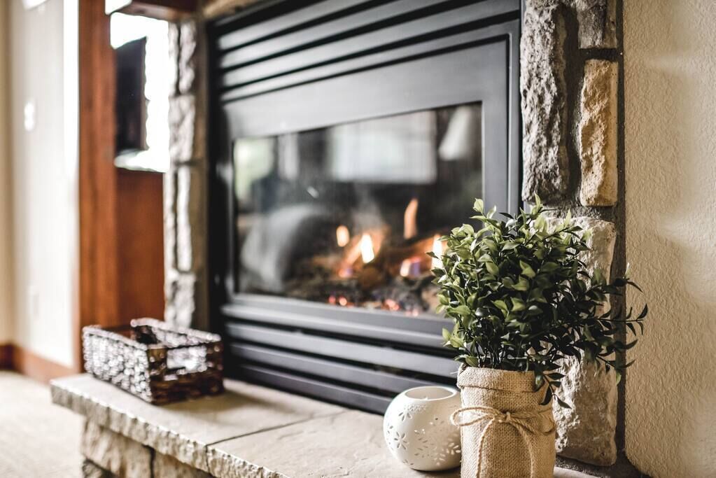 A stone fireplace with a fire, a potted plant, and decorative items on a stone ledge.