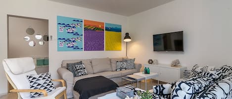 Flat-screen TV, DVD player, books, video library