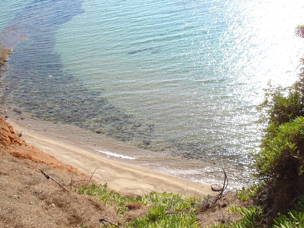 On the beach, sun loungers, beach towels