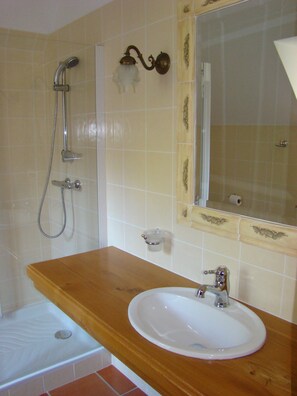 Douche, serviettes fournies, papier de toilette