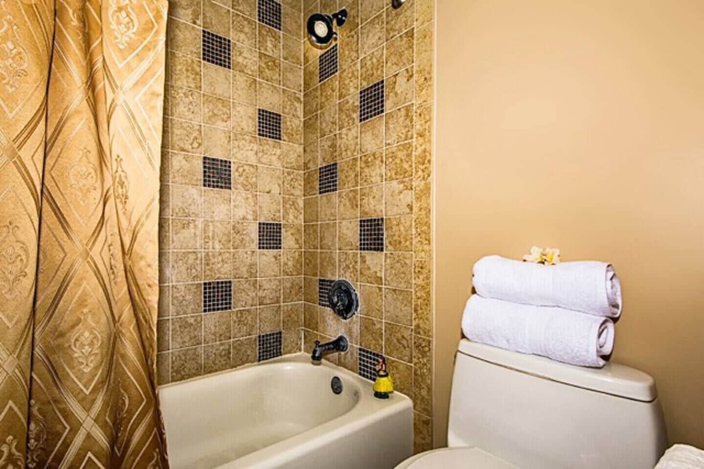 Combined shower/tub, hair dryer, towels