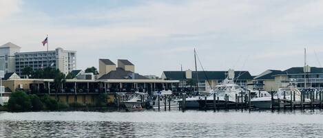 A marina with docked boats, a flag, and buildings in the background.