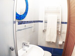 Shower, hair dryer, bidet, towels