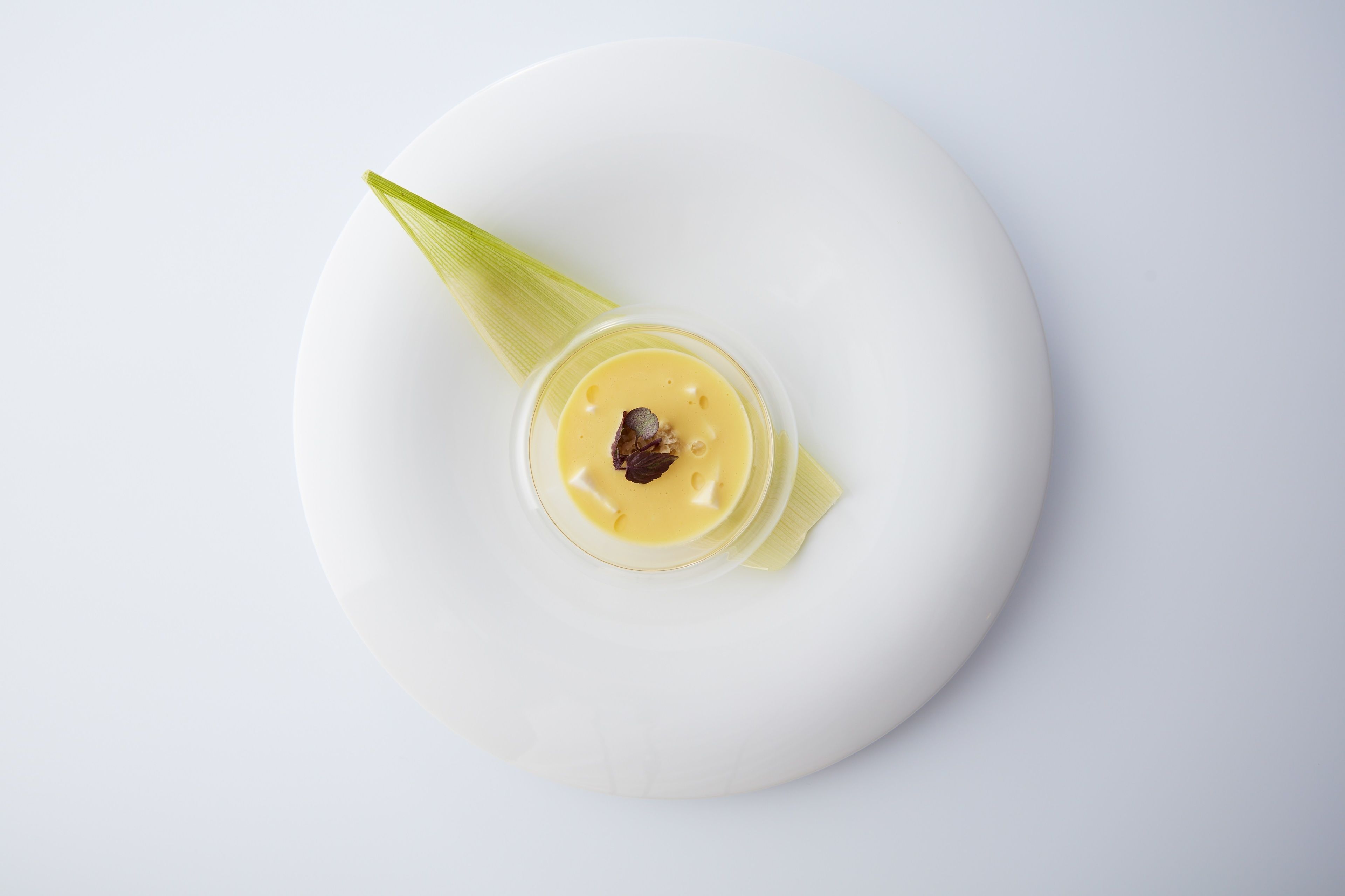 Un plat blanc amb un bol petit de salsa groga i un objecte fosc, possiblement un tros d'aliment, sobre un fons sobri.