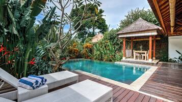 Kolam renang outdoor, dengan payung kolam renang dan kursi berjemur