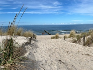 Ein sandiger Küstenpfad führt zum Meer, gesäumt von hohem Gras und einem Holzzaun.