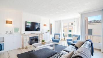 Una televisión, una chimenea