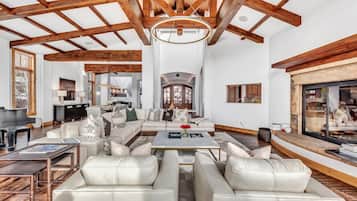 Smart TV, fireplace, books, video library