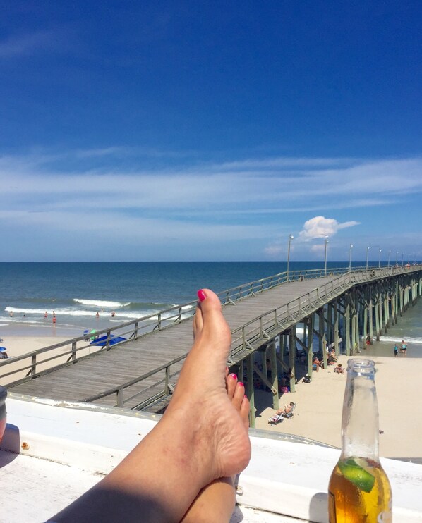 On the beach, sun loungers