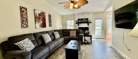 Smart TV, chimenea, reproductor de DVD y libros