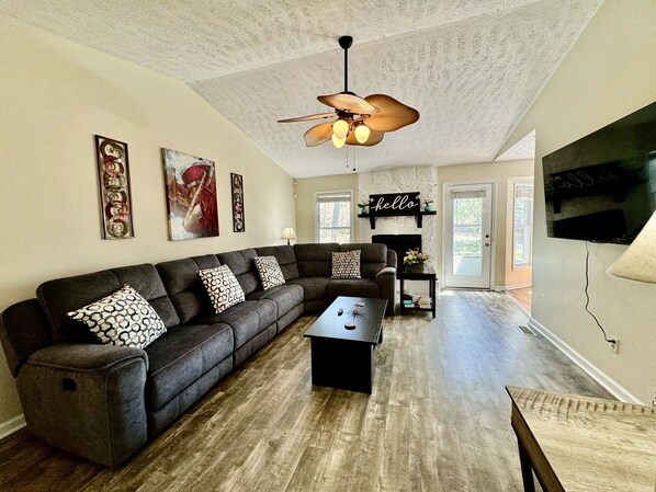 TV connectée, cheminée, lecteur de DVD, livres