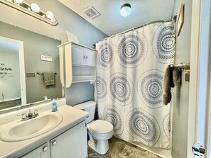 Combined shower/tub, hair dryer, towels, soap