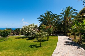 Un vialetto lastricato che si snoda attraverso un giardino curato, con palme e piante fiorite, affacciato su uno specchio d'acqua.