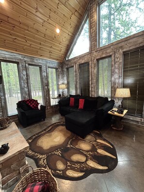 Cozy living area with a fireplace, sofa, and patterned rug.