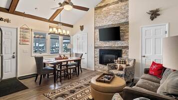 TV connectée, cheminée, livres, espaces bureaux