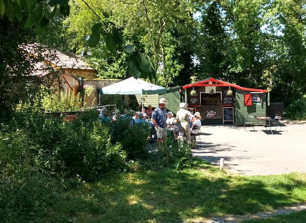 Enjoy a casual meal in a charming outdoor setting surrounded by lush greenery.