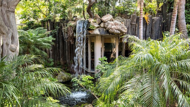 Un jardin luxuriant avec une cascade, une structure en bois et un feuillage tropical dense.
