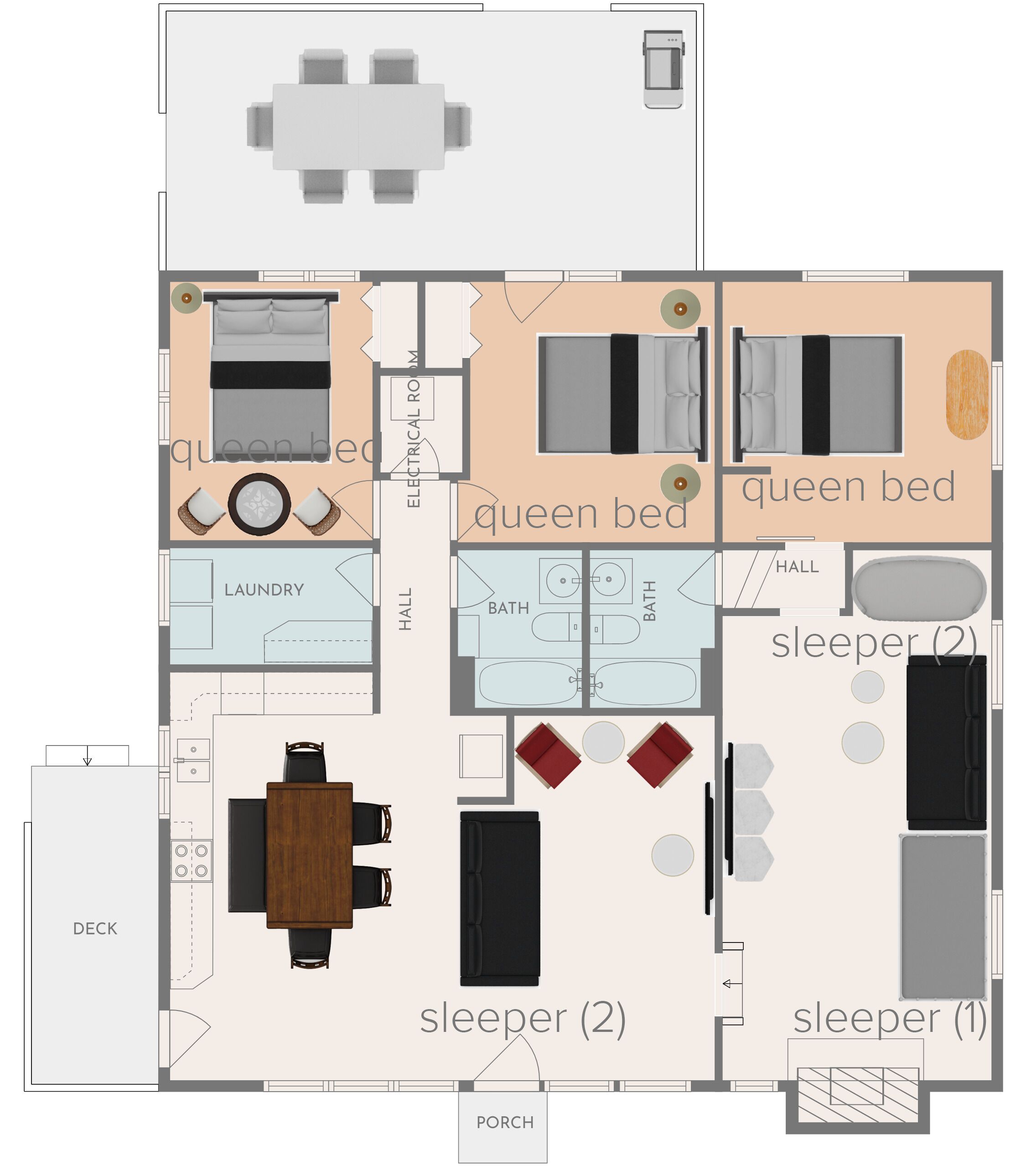 En planritning över ett hotellrum med en dubbelsäng, två enkelsängar, ett badrum, ett kök, en tvättstuga, en hall och en veranda.