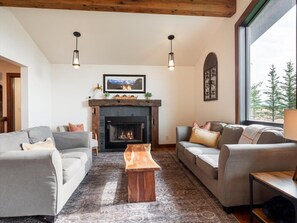 Televisor, llar de foc, llibres i oficines 