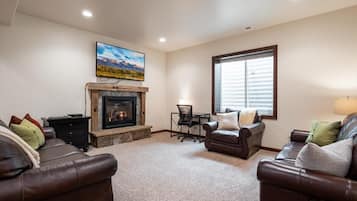 Televisión, chimenea, libros y oficina