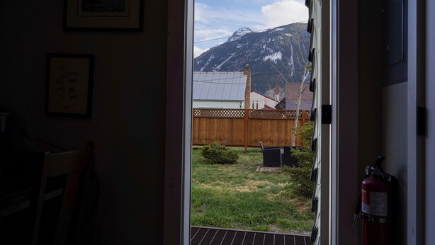 A view from inside a room looking out to a backyard with a wooden fence, a small bush, and a fire extinguisher mounted on the wall.