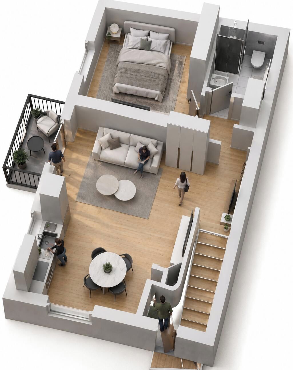 Distribución moderna de un apartamento con dormitorio, baño, sala de estar y cocina.
