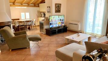 Smart TV, fireplace, books, printers