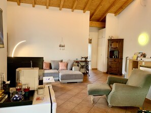 Smart TV, fireplace, books, printers