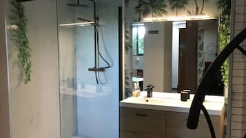 Shower, hair dryer, towels, soap