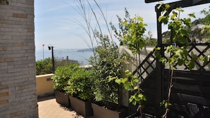 A balcony with a view of the sea, potted plants, and a wooden pergola.