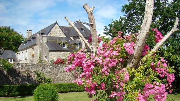 A stone building with a sloped roof, surrounded by a well-maintained garden with pink flowering bushes and a neatly trimmed hedge. - The Closerie du Manoir for 7 people (Audierne)