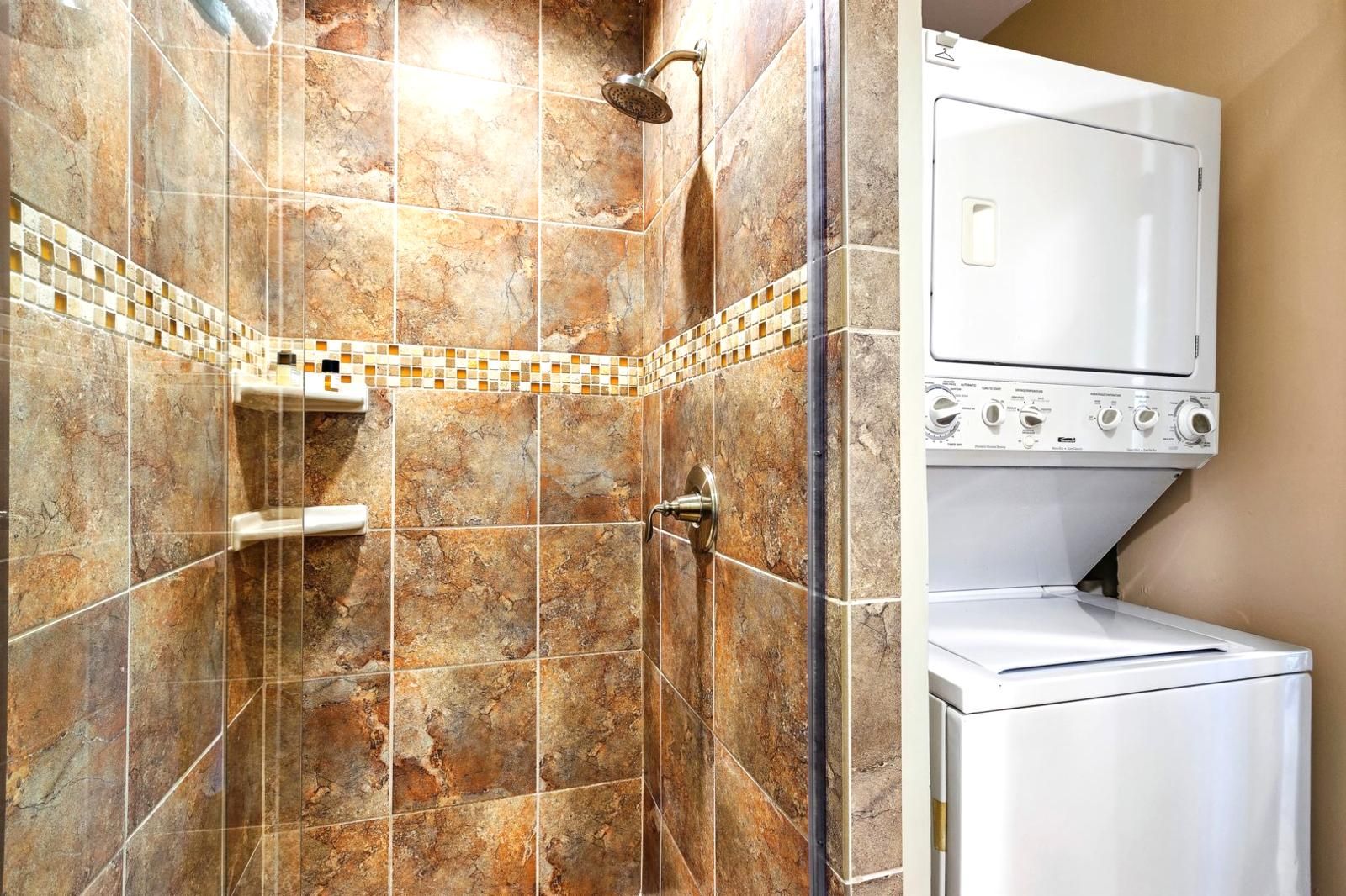 A bathroom with a shower, a toilet, and a built-in washer and dryer.