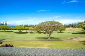 Um campo de golfe com grama bem cuidada, árvores e um céu limpo.