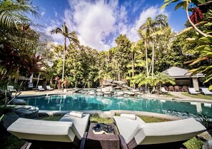 2 outdoor pools, pool umbrellas, pool loungers